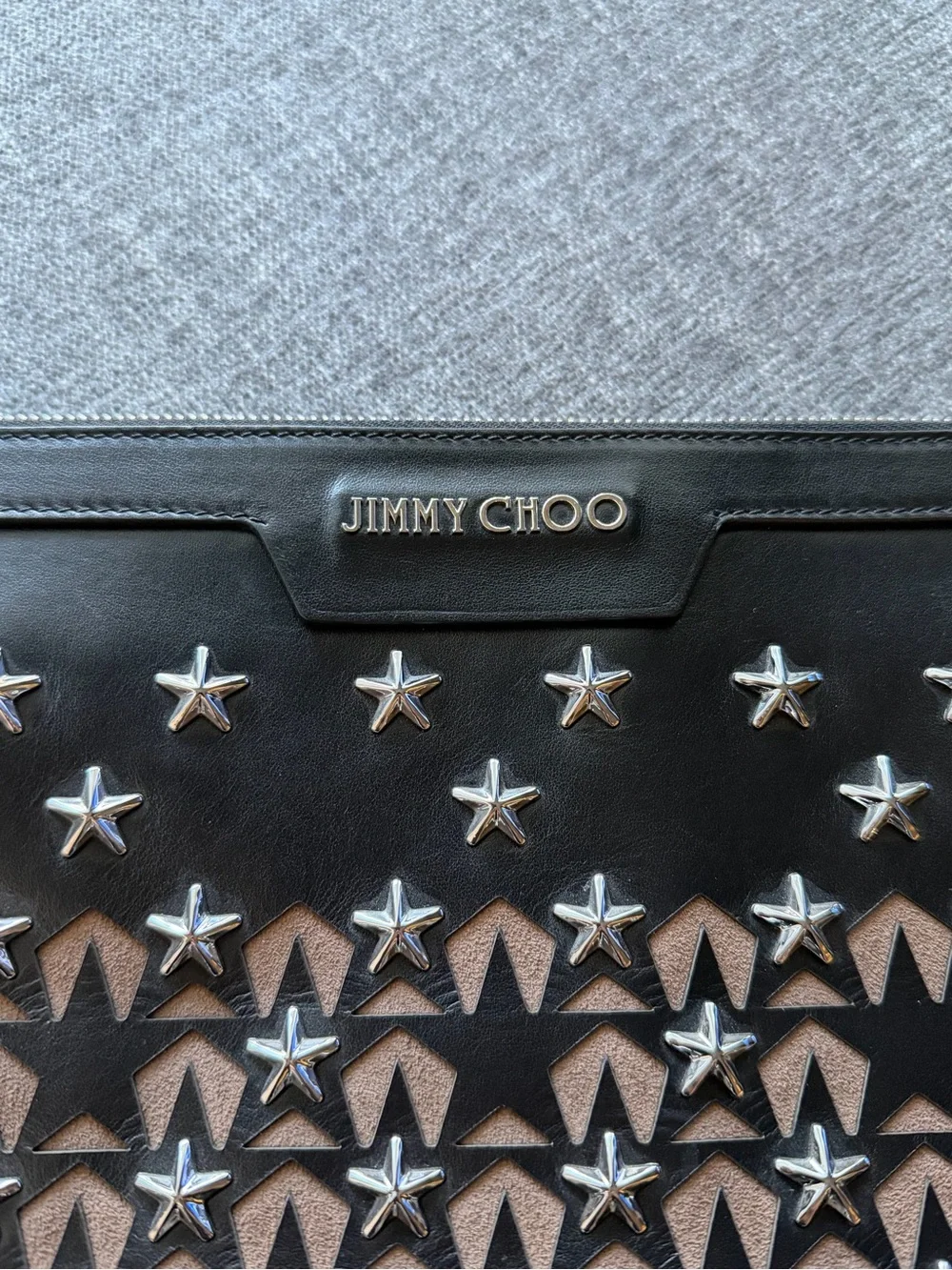 Jimmy Choo Black Leather Star-Embellished Clutch with Tan Inset